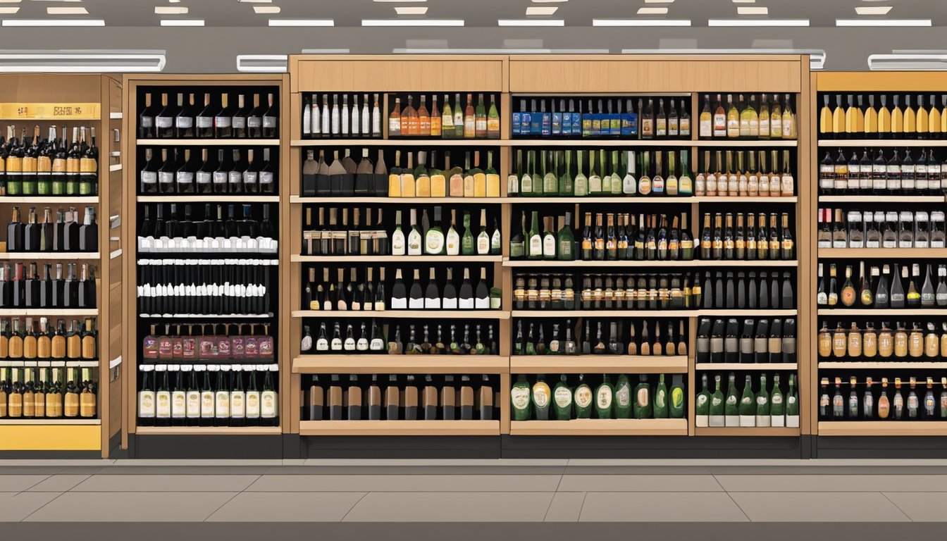 A display of wine, beer, and beverages arranged neatly on shelves at Hannaford grocery store