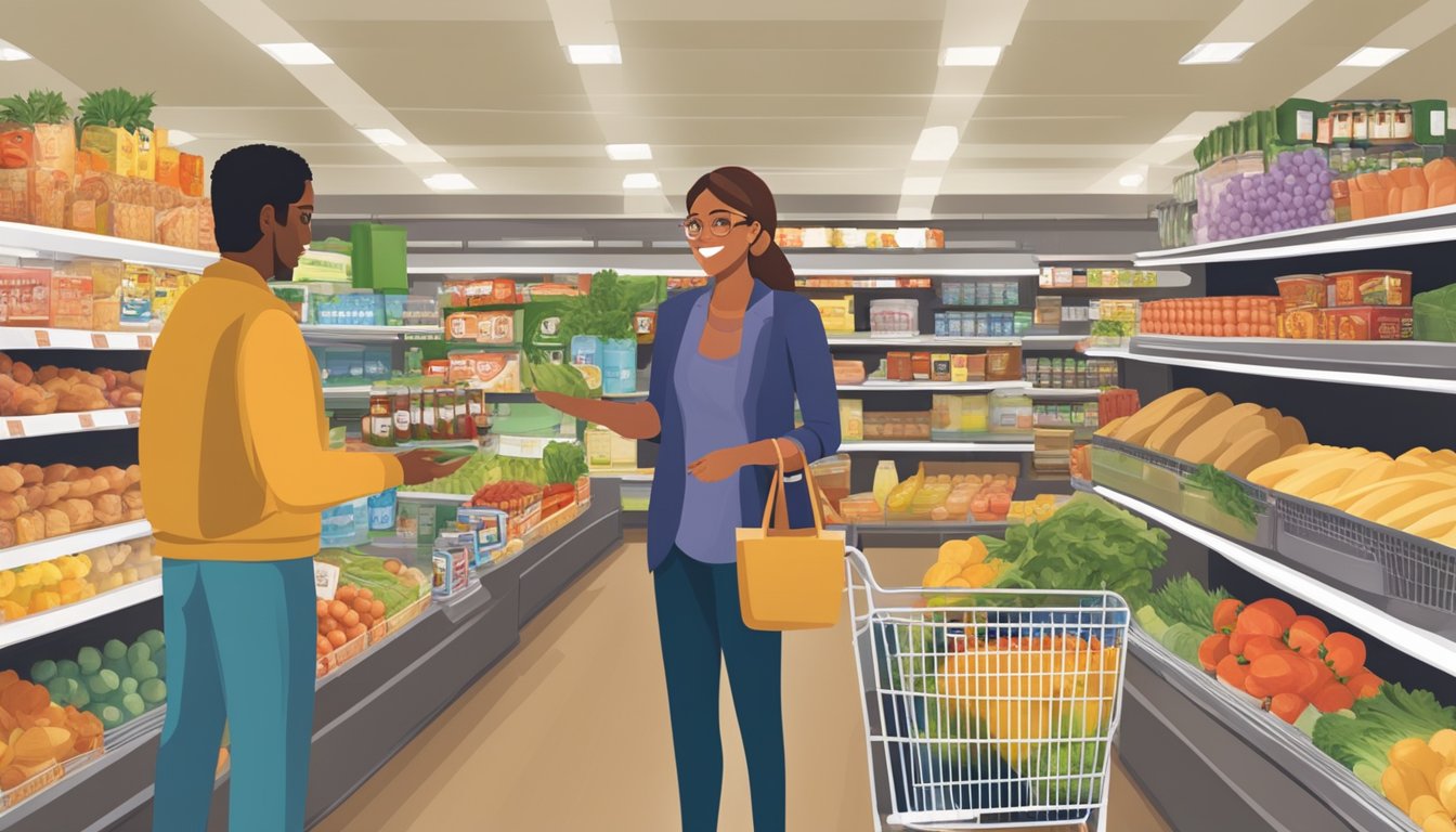 A customer service representative assists a shopper with groceries at Hannaford, surrounded by shelves and displays of various food items