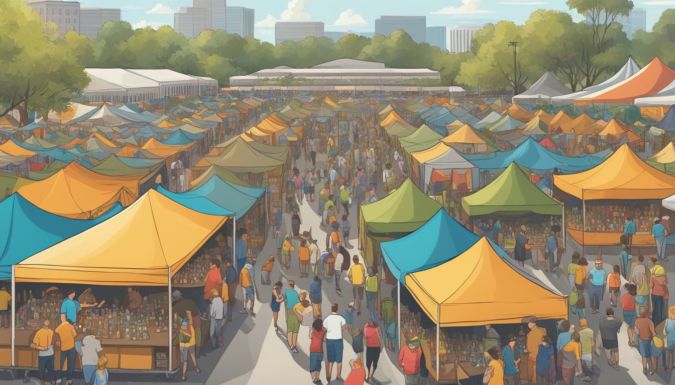 A bustling craft beer festival in Jacksonville, with rows of colorful tents and a diverse crowd of beer enthusiasts sampling local brews