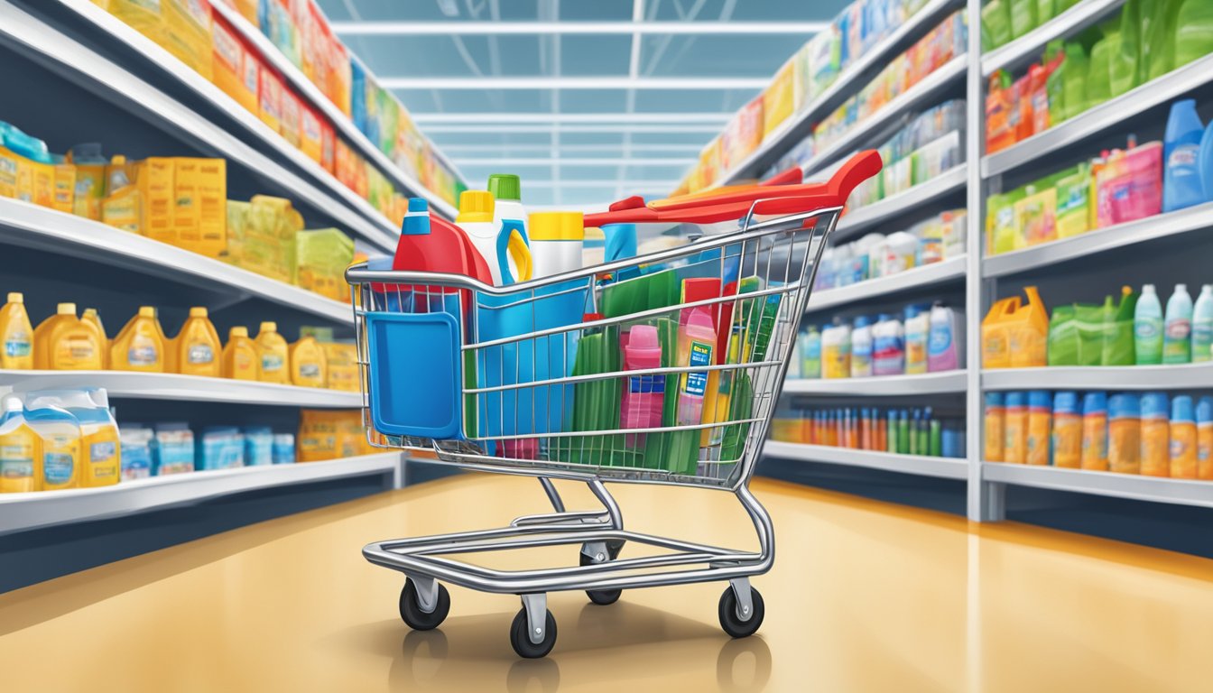 A shopping cart filled with household and cleaning supplies at Costco