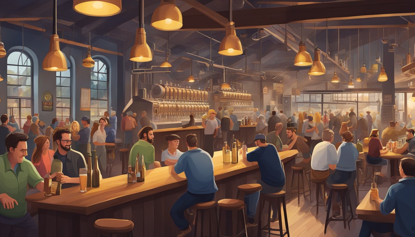 A bustling brewery scene with patrons enjoying craft beers and socializing in a lively atmosphere