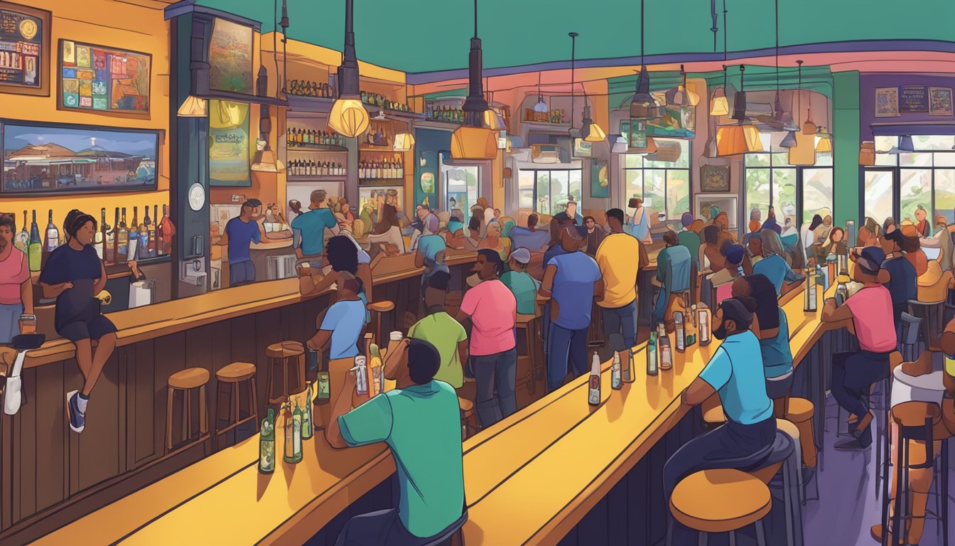 A bustling taproom filled with diverse patrons enjoying local craft beer in Hialeah, FL. The bar is lined with colorful taps and the atmosphere is lively