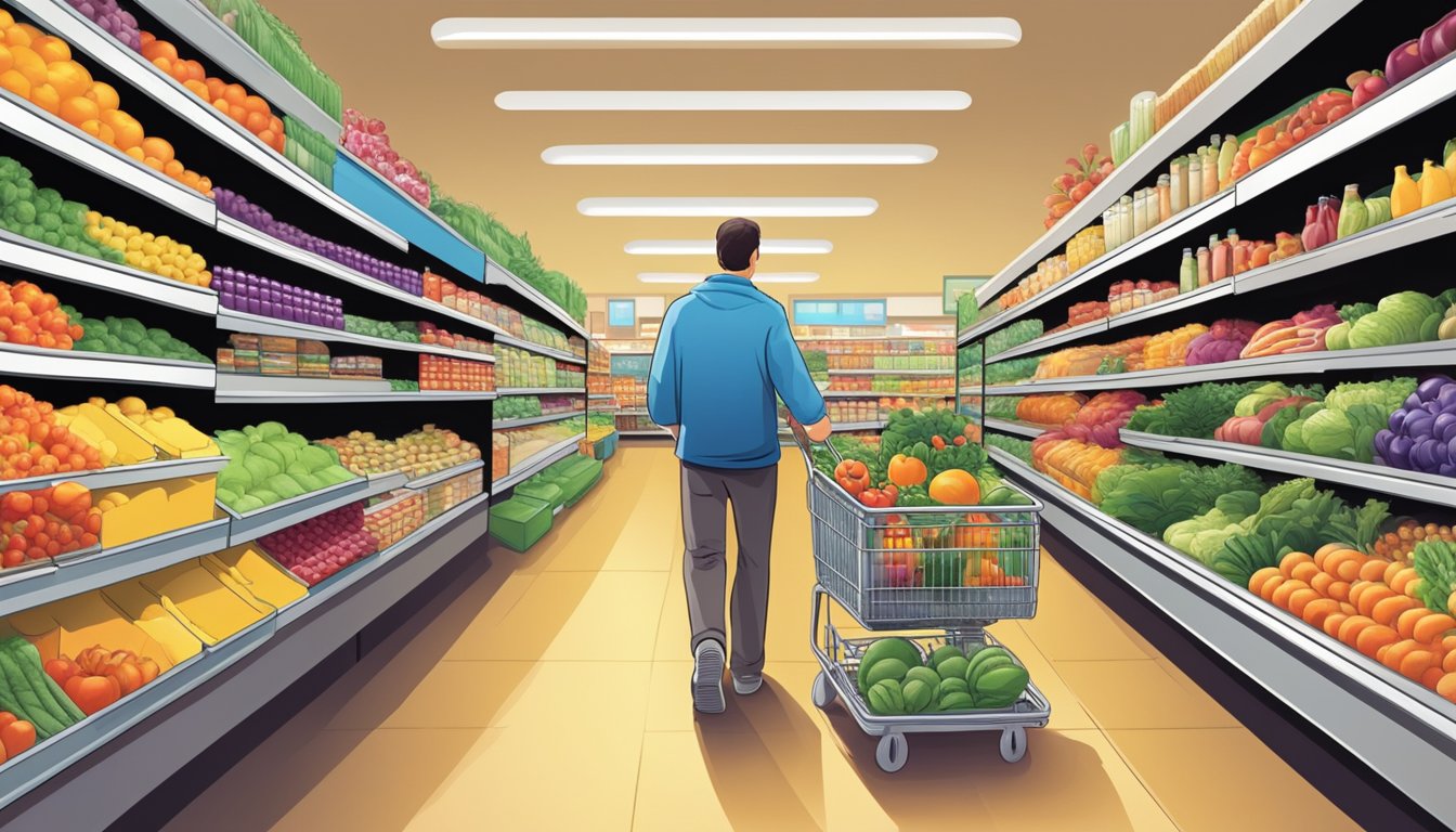 A customer pushes a cart down brightly lit aisles, selecting produce and groceries from neatly organized shelves. The checkout lanes are busy with other customers