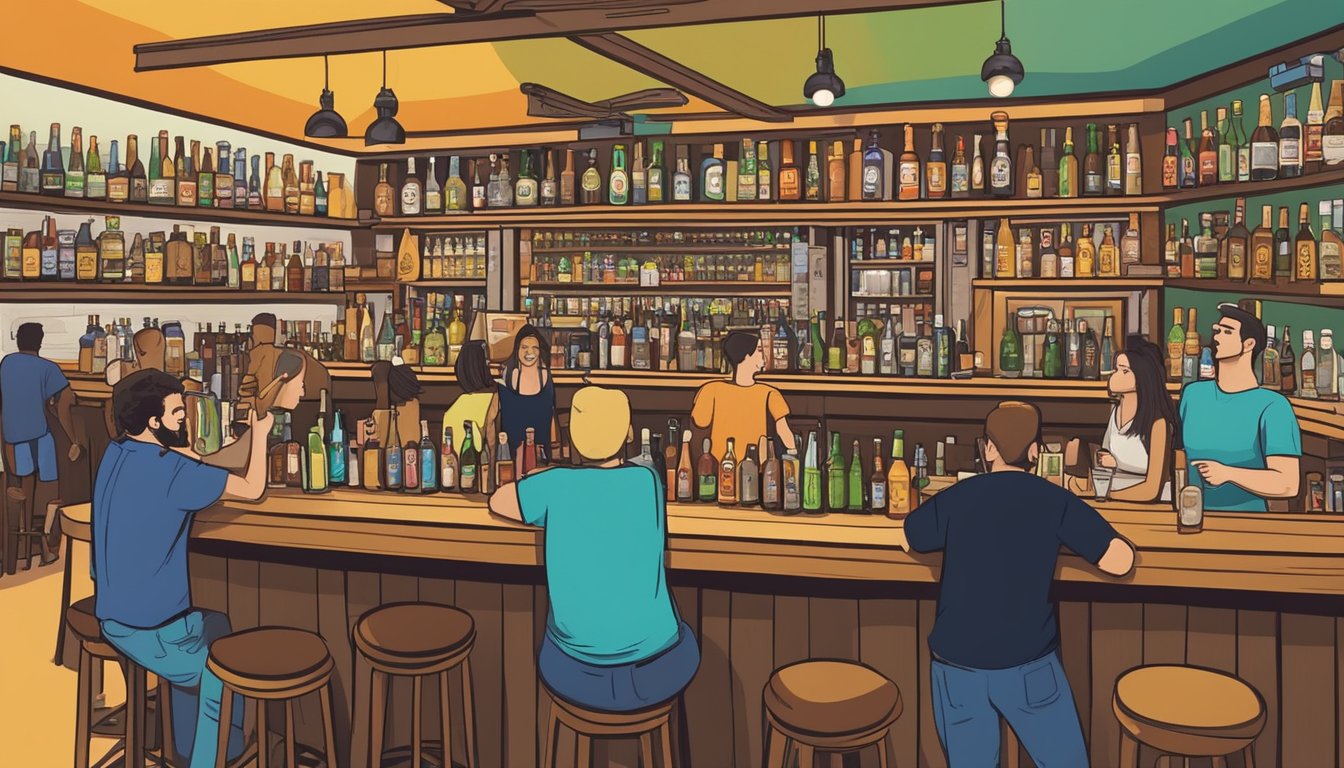 A bustling bar with shelves of craft beer bottles and taps, surrounded by locals enjoying the variety of Hialeah, FL's local brews