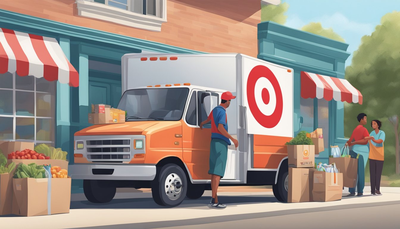 A delivery truck parked outside Target, with a driver unloading grocery bags onto a customer's porch