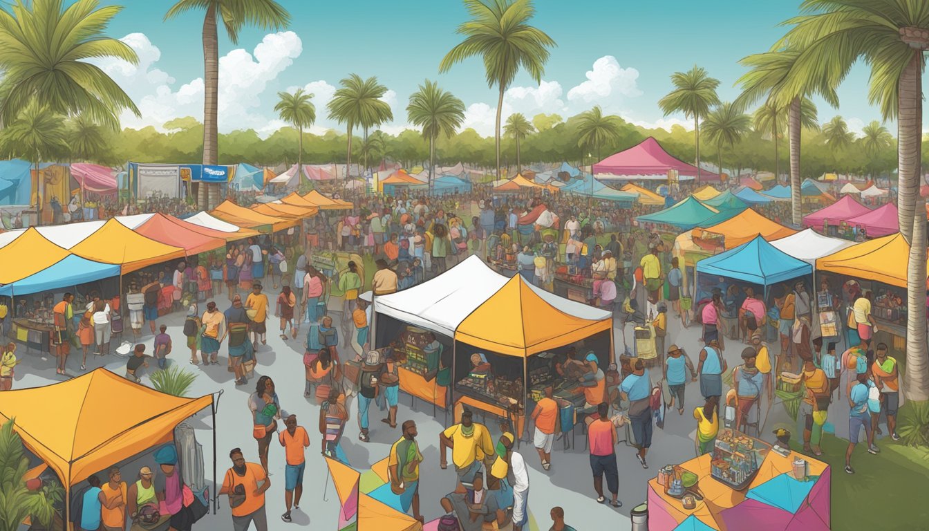 A bustling craft beer festival in Miami Gardens, with colorful tents and lively music, showcasing local breweries and enthusiastic beer enthusiasts sampling different brews