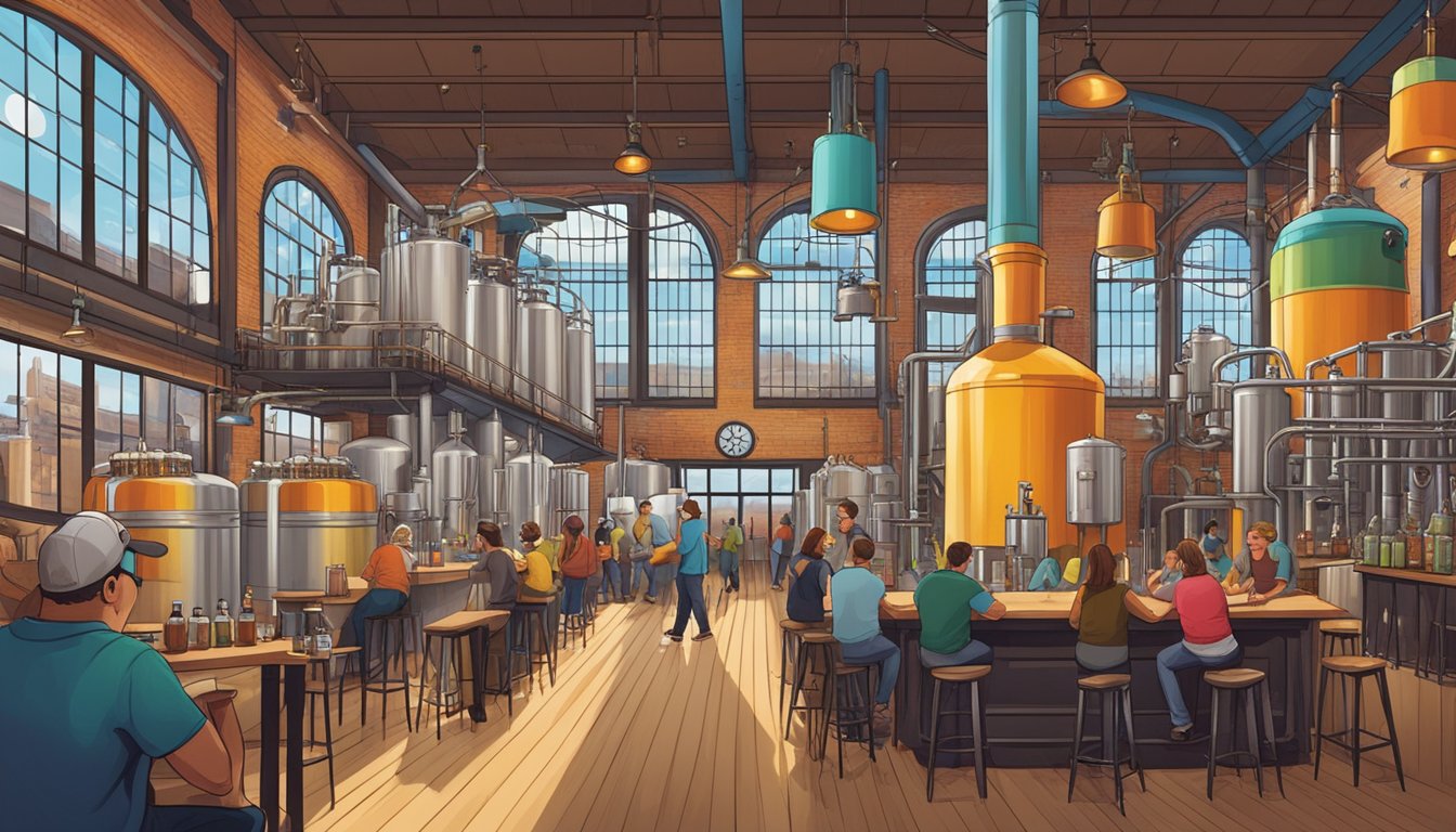 A bustling brewery with patrons sampling flights of local craft beer, surrounded by industrial brewing equipment and vibrant, colorful decor