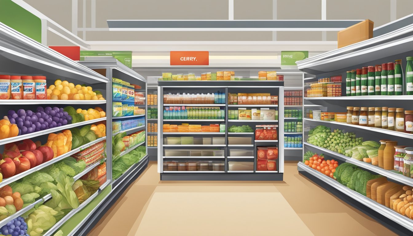 A bustling grocery aisle at Target, with shelves stocked with fresh produce, canned goods, and other assorted food items