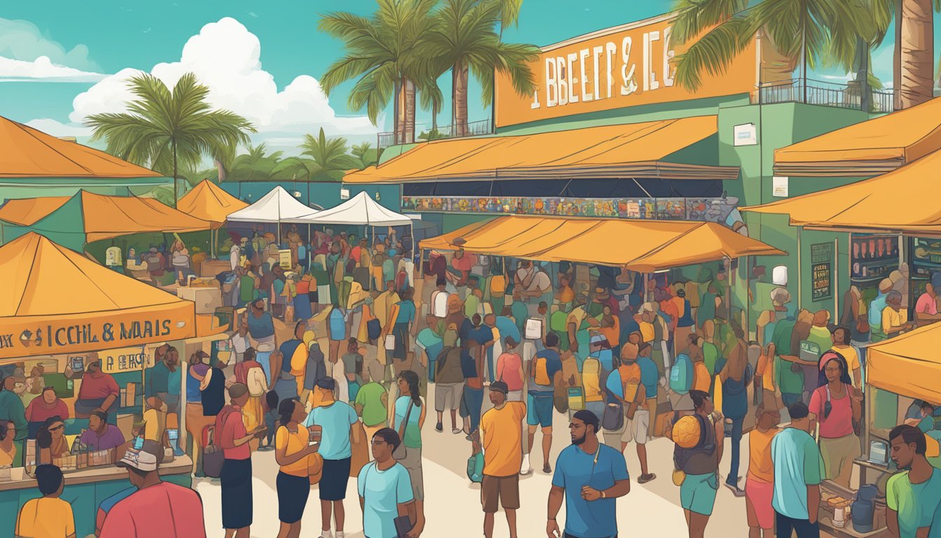 A bustling craft beer festival in Miami Gardens, FL, with diverse beer styles on display, from hoppy IPAs to rich stouts