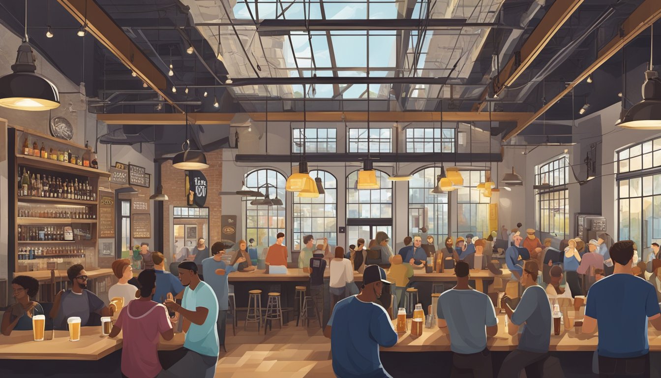 A bustling taproom with patrons enjoying local craft beer, surrounded by the industrial charm of Atlanta breweries