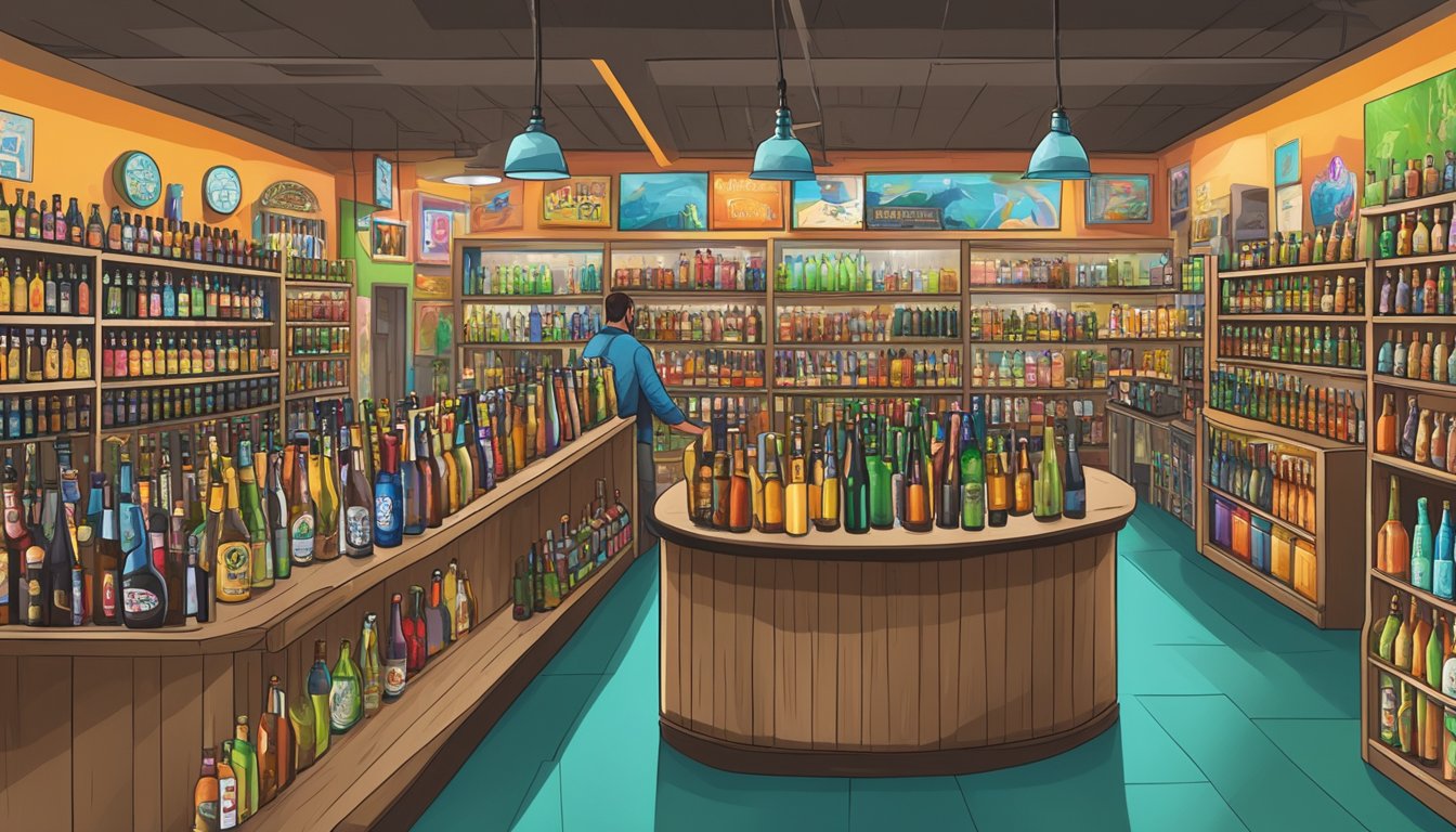 A bustling Hialeah craft beer store with rows of colorful, unique bottles and tap handles, surrounded by local art and lively conversation