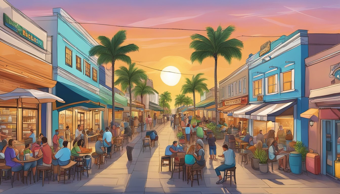 A bustling street in Hialeah, FL, lined with colorful breweries and lively outdoor seating, as locals and visitors enjoy local craft beers