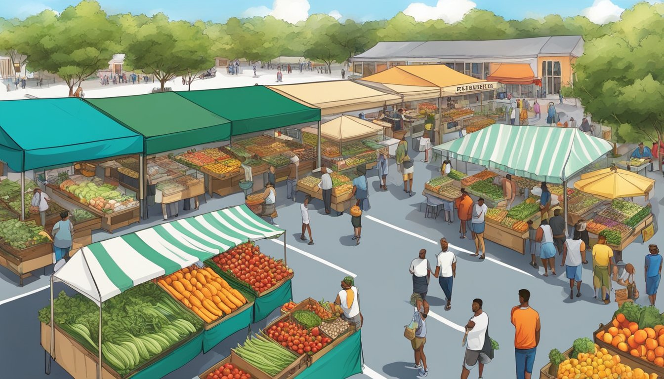 A bustling farmers market with vibrant displays of fresh produce and local ingredients, surrounded by innovative craft breweries in Miami Gardens, FL