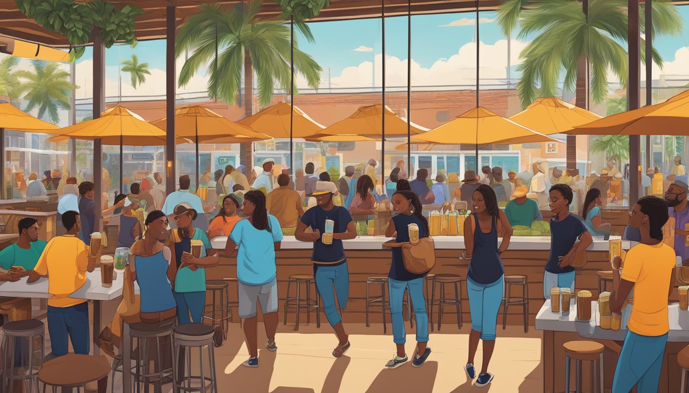 A bustling craft brewery scene in Miami Gardens, with diverse patrons enjoying local beers in a vibrant, community-oriented atmosphere