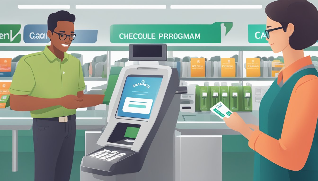 A customer scanning their membership card at the checkout while a display of savings program offers is visible nearby