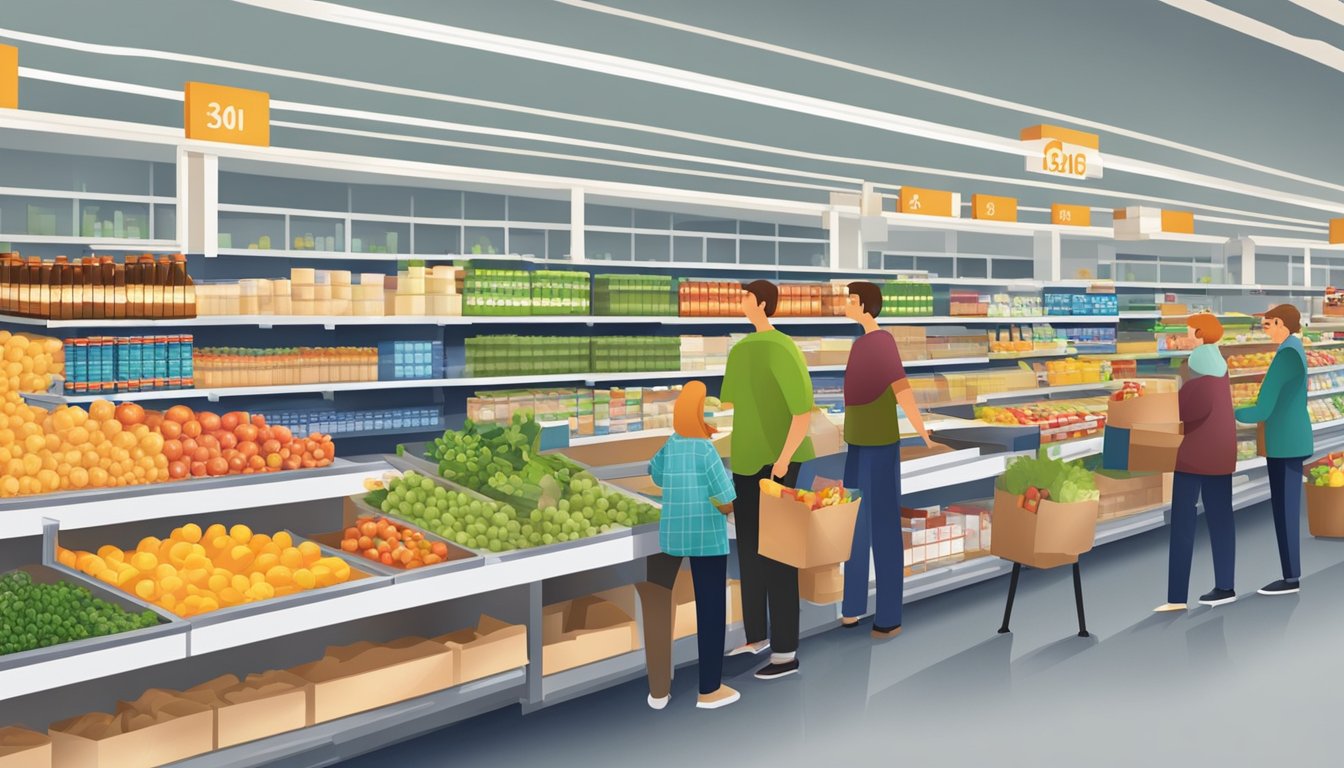 A busy grocery store checkout with customers, cashier, and shelves stocked with a variety of affordable groceries at Aldi