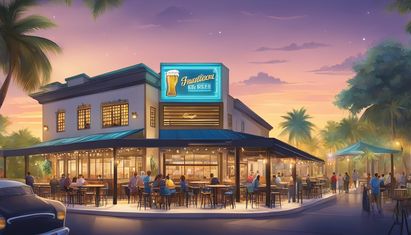 A bustling craft beer venue in Miami Gardens, FL, with outdoor seating and a lively atmosphere