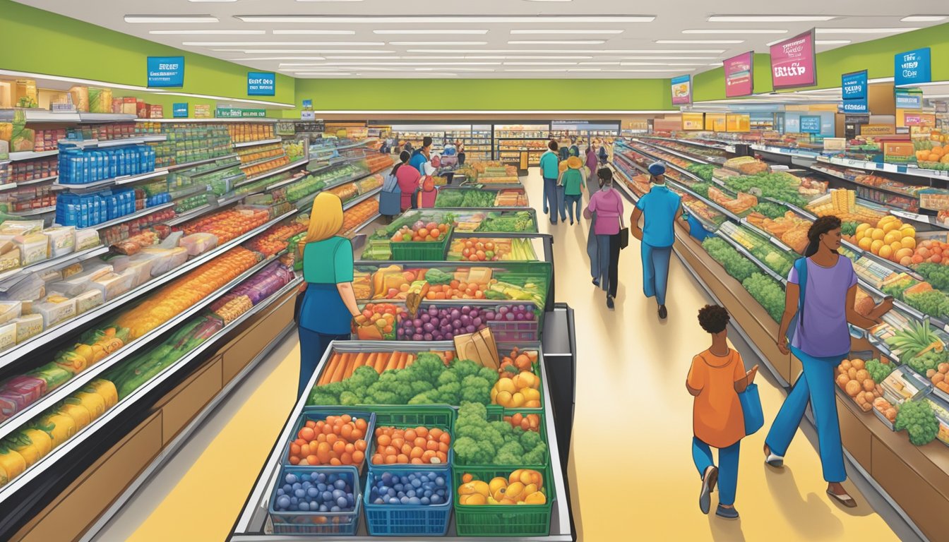 Busy shoppers rush through crowded aisles at Food Lion, grabbing groceries from shelves and carts. Brightly colored products line the shelves, and the checkout lines are long