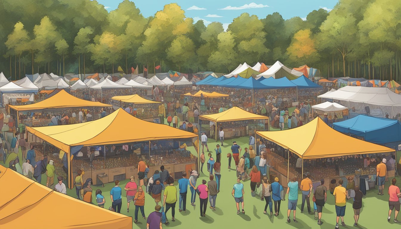 A bustling craft beer festival in Sandy Springs, with rows of colorful tents and a crowd of beer enthusiasts sampling local brews