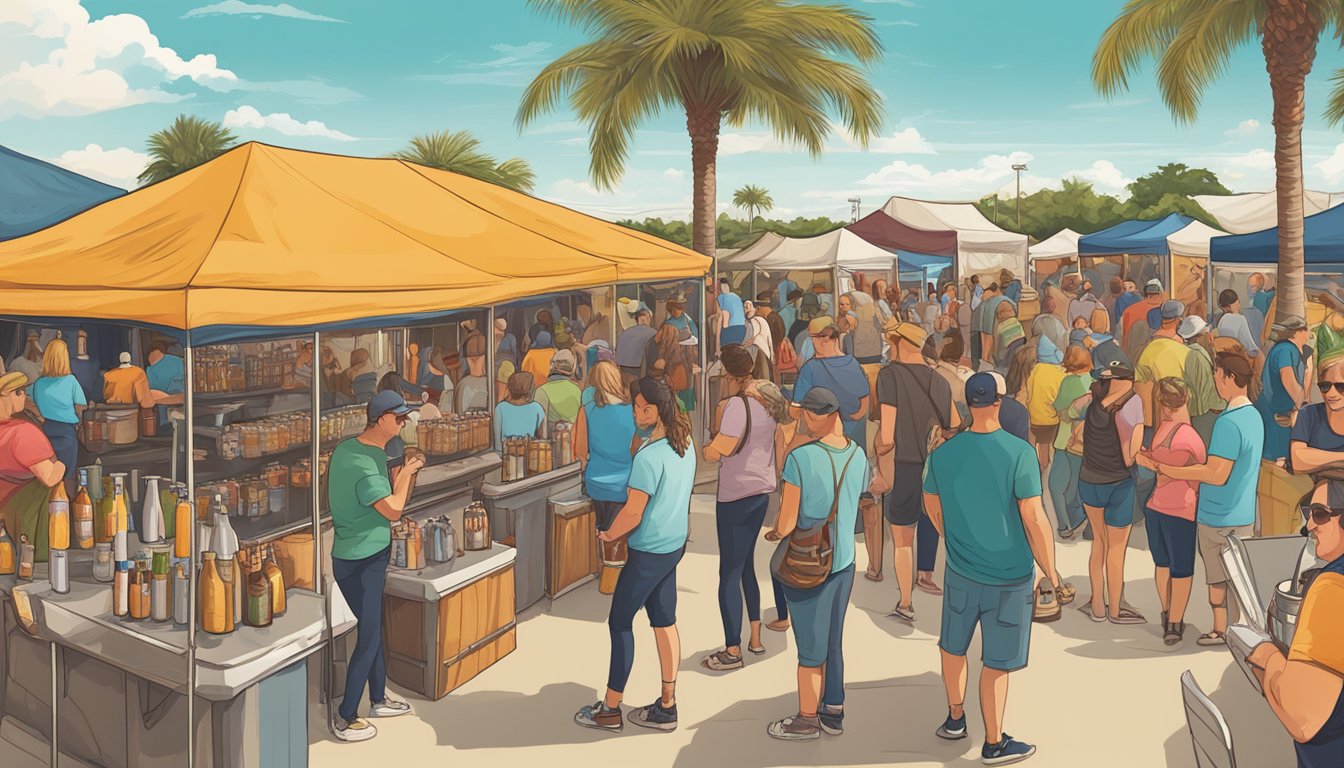 A bustling craft beer festival in Palm Bay, FL, with a variety of local breweries showcasing their unique and flavorful brews. Patrons enjoy live music, food trucks, and the vibrant atmosphere