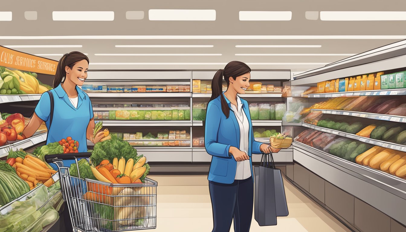 A customer service representative assists a shopper with groceries at Aldi