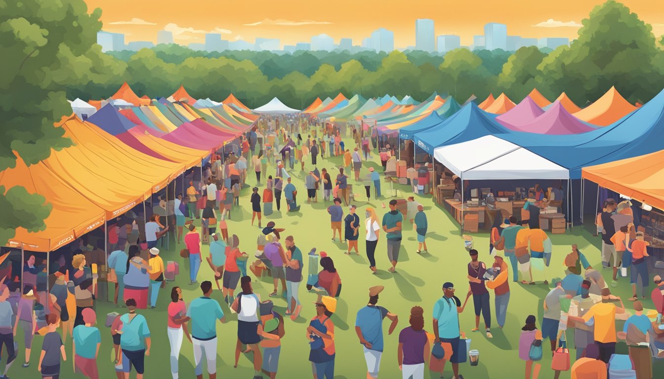 A bustling craft beer festival in Sandy Springs, GA, with rows of colorful tents, live music, and people enjoying tastings and socializing