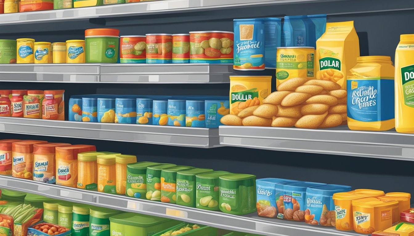 A colorful display of groceries at Dollar General, including canned goods, snacks, and household items, neatly arranged on shelves