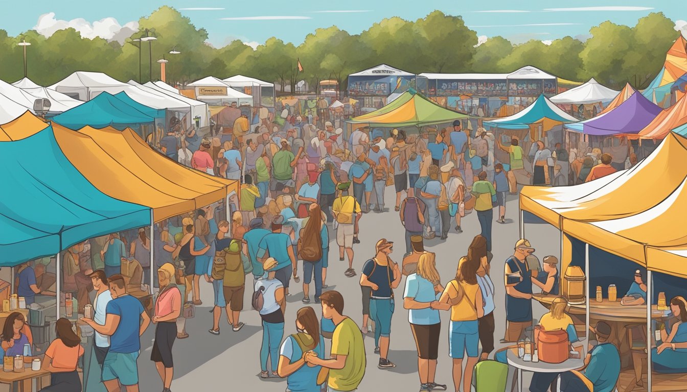 A bustling craft beer festival with colorful tents, live music, and people enjoying various beer samples in Lakeland, FL