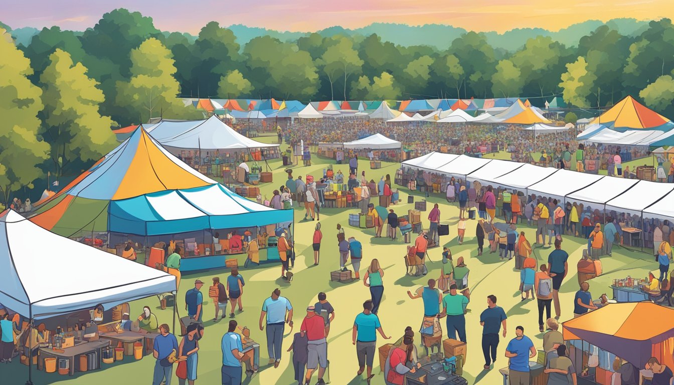 A bustling outdoor beer festival, with colorful tents, live music, and people enjoying a variety of craft beer options in Sandy Springs, GA