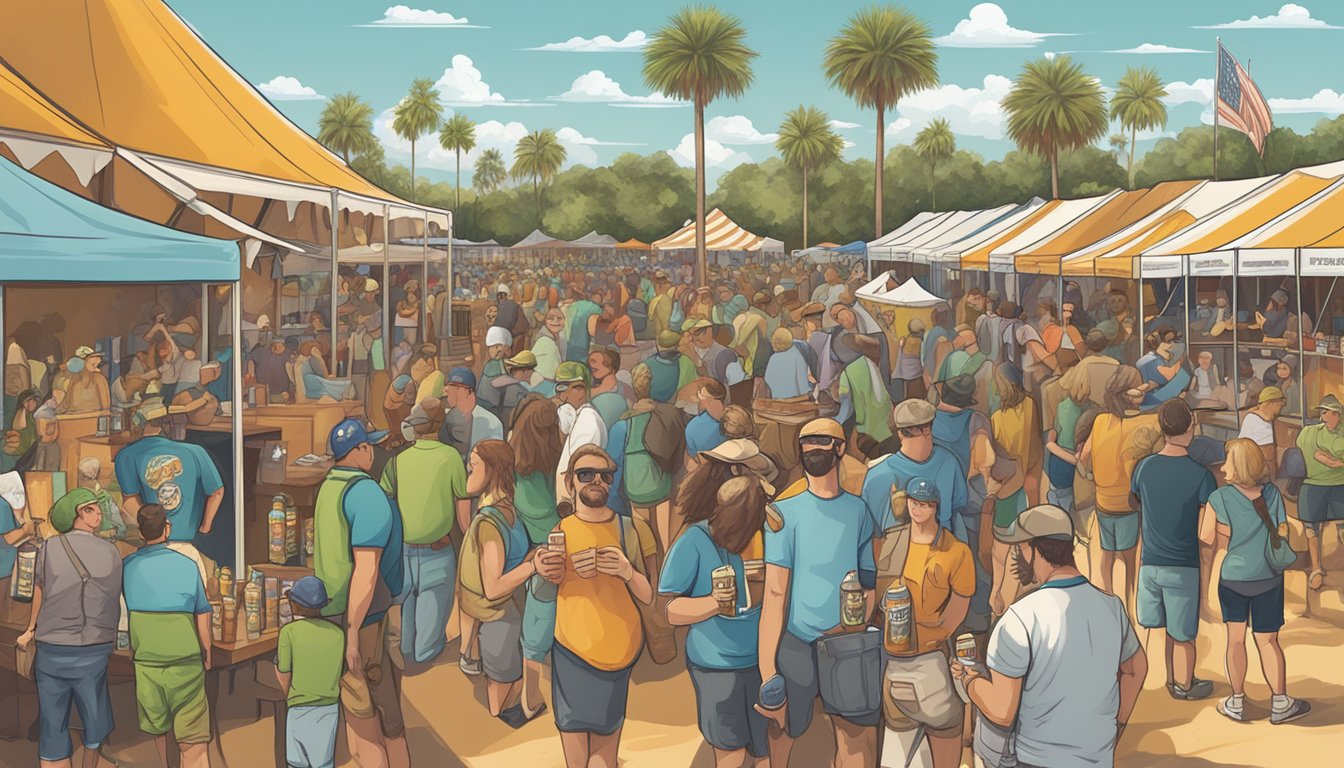 A bustling craft beer festival in Palm Bay, FL, with a variety of beer styles on display, from hoppy IPAs to rich stouts