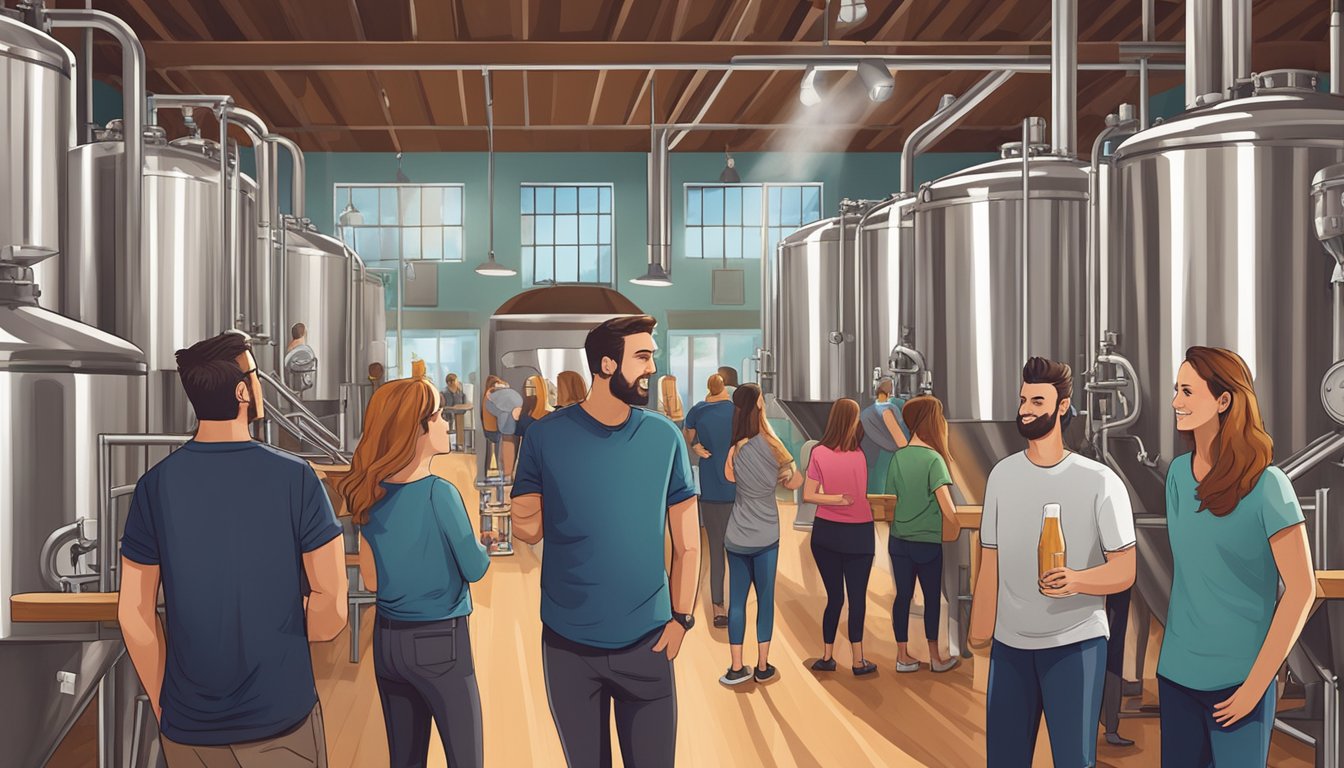 A group of people enjoy guided brewery tours and tastings in Palm Bay, FL, surrounded by stainless steel brewing equipment and shelves of craft beer