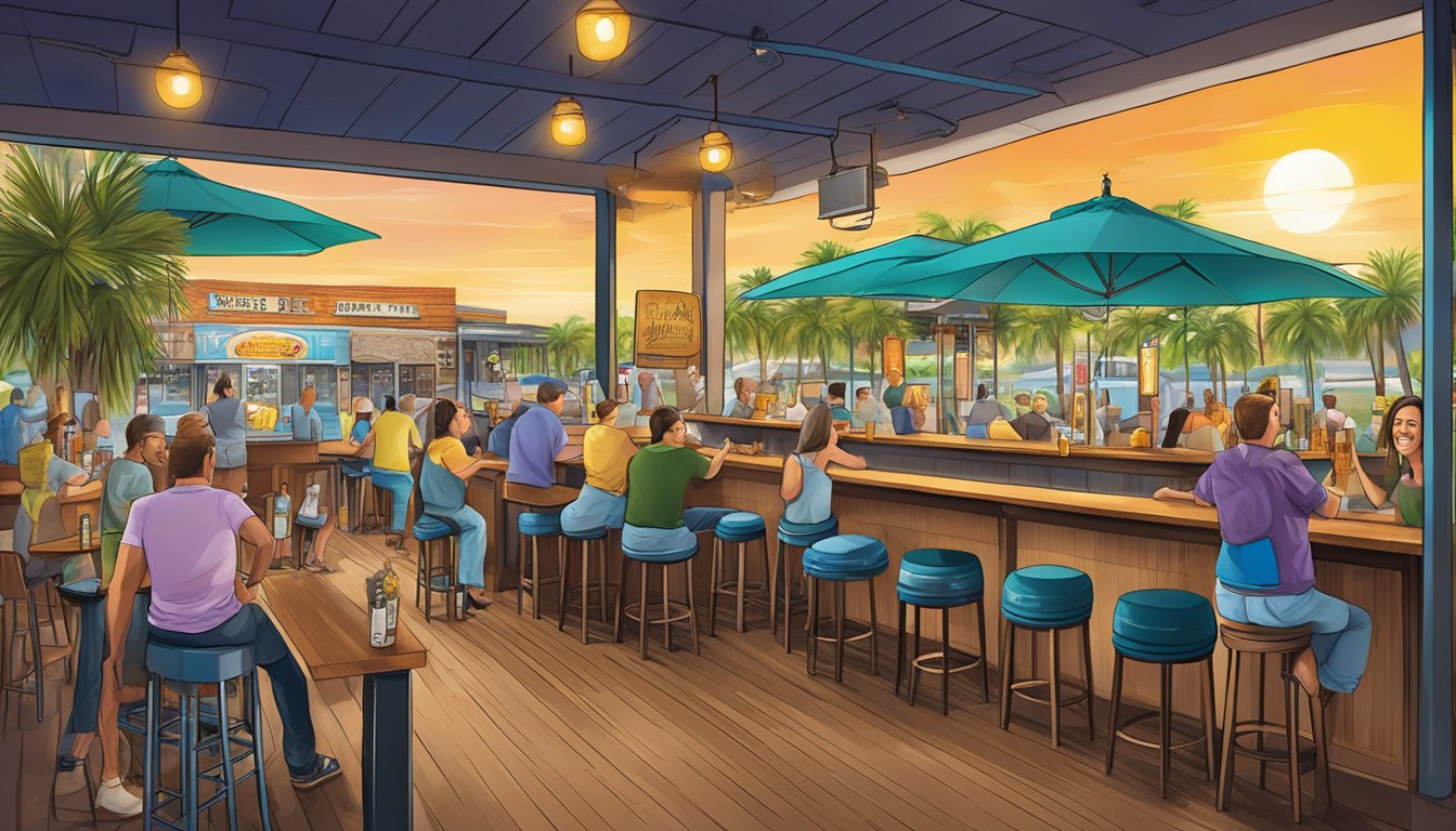 A bustling craft beer bar in Palm Bay, FL, with a lively outdoor patio and a colorful array of tap handles