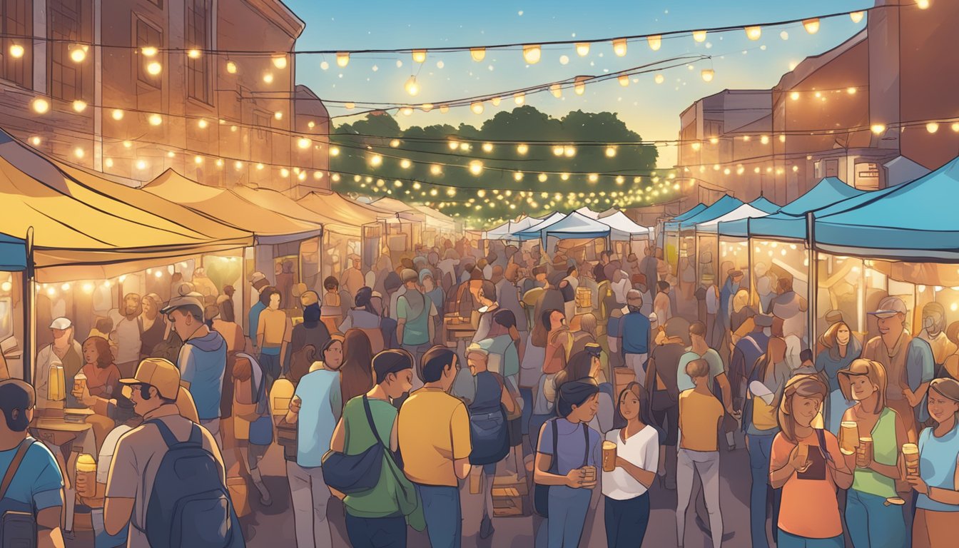 A bustling craft beer festival with people sampling and chatting at vendor booths under colorful banners and twinkling string lights