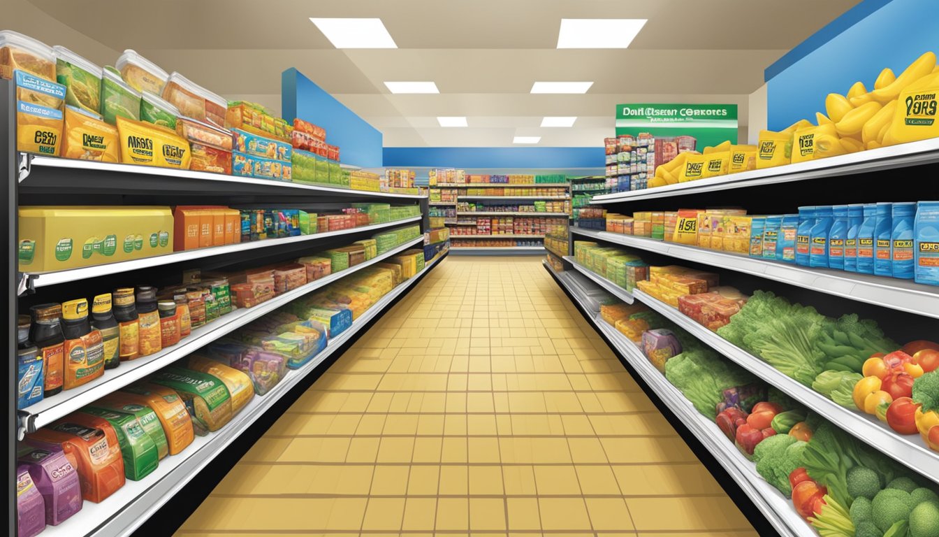 A busy aisle at Dollar General, filled with shelves of groceries and various selections for customers to choose from