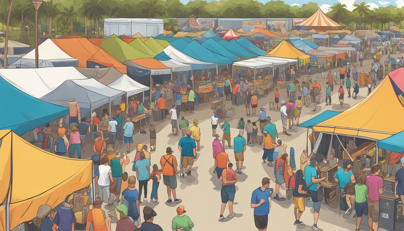 A bustling craft beer festival in Palm Bay, FL, with rows of colorful tents, live music, and people sampling various brews