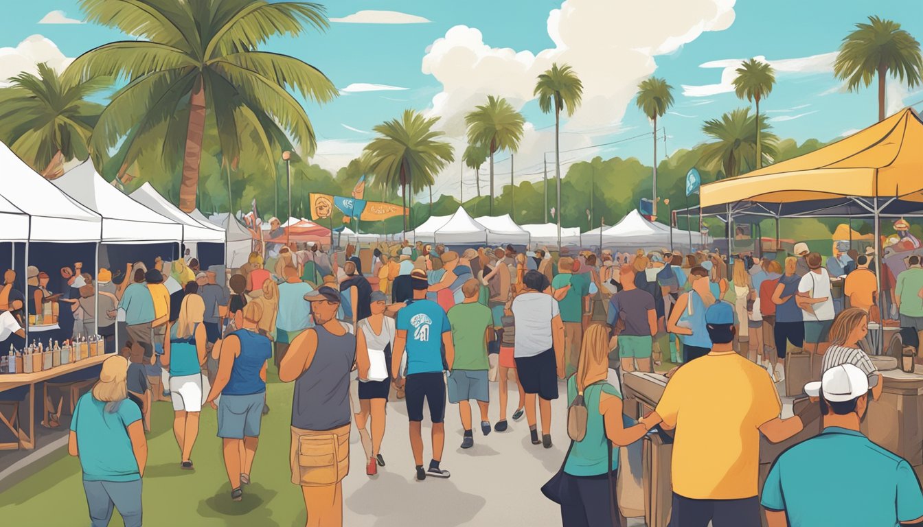 A bustling craft beer festival in Palm Bay, FL, with vendors, live music, and locals enjoying the community's diverse beer culture