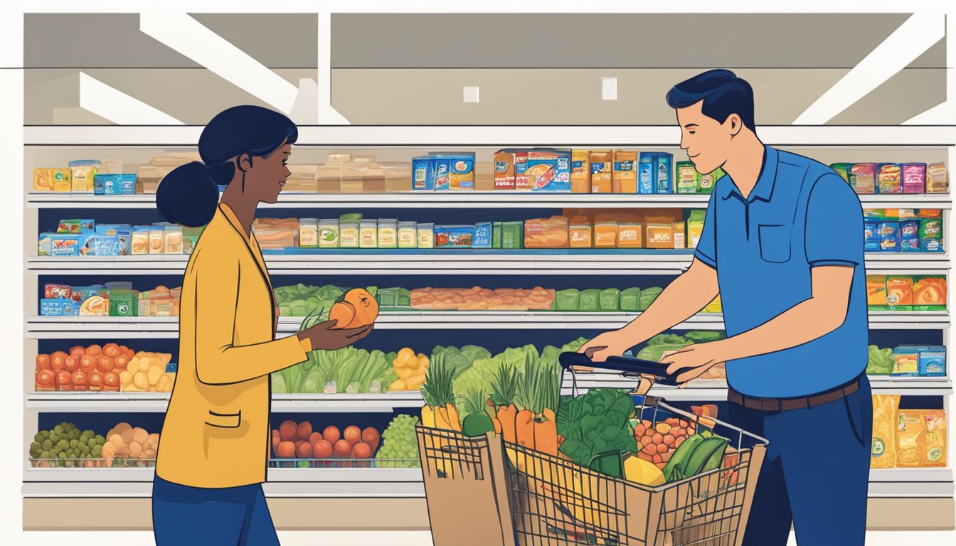 A customer service representative assists a shopper with groceries at Meijer