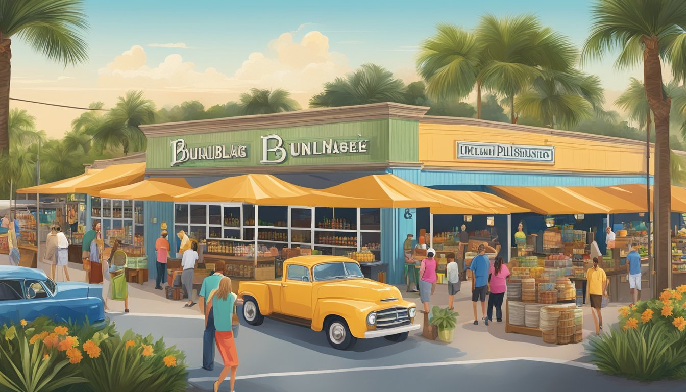 A bustling craft beverage market in Palm Bay, FL, with various breweries and distilleries showcasing their unique products in a vibrant and inviting setting