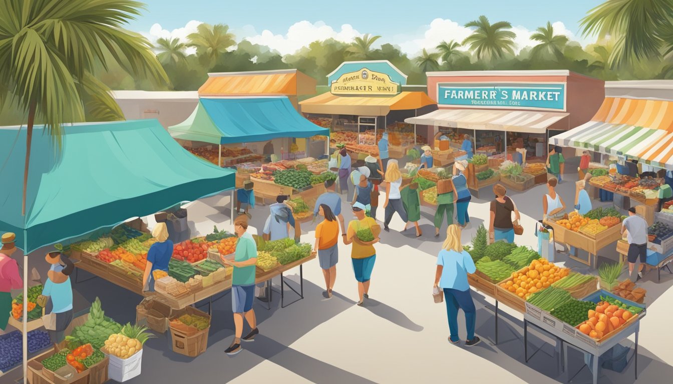 A bustling farmer's market in Palm Bay, FL, with vendors selling fresh produce and local craft beer, creating a vibrant and lively atmosphere