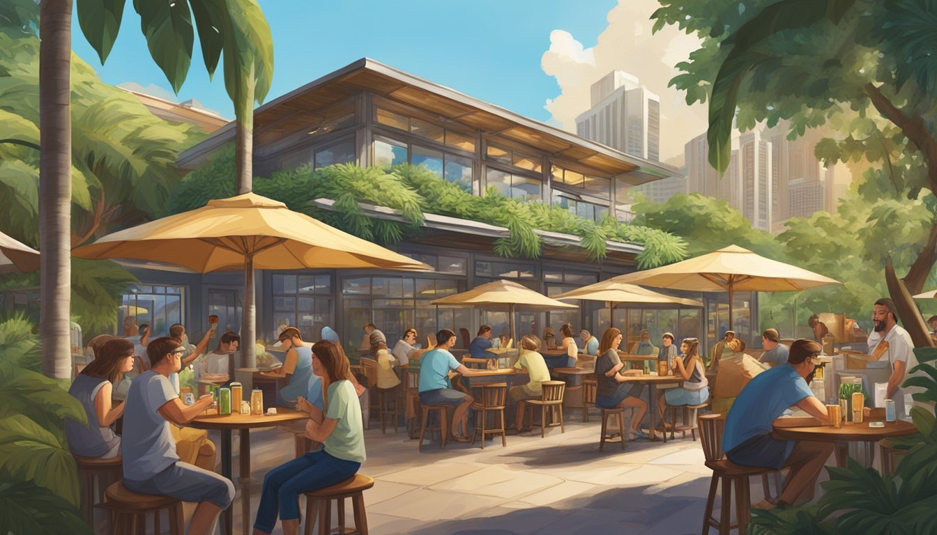 A bustling craft beer brewery in Honolulu, with patrons enjoying drinks at outdoor tables, surrounded by lush tropical foliage and the city skyline in the background