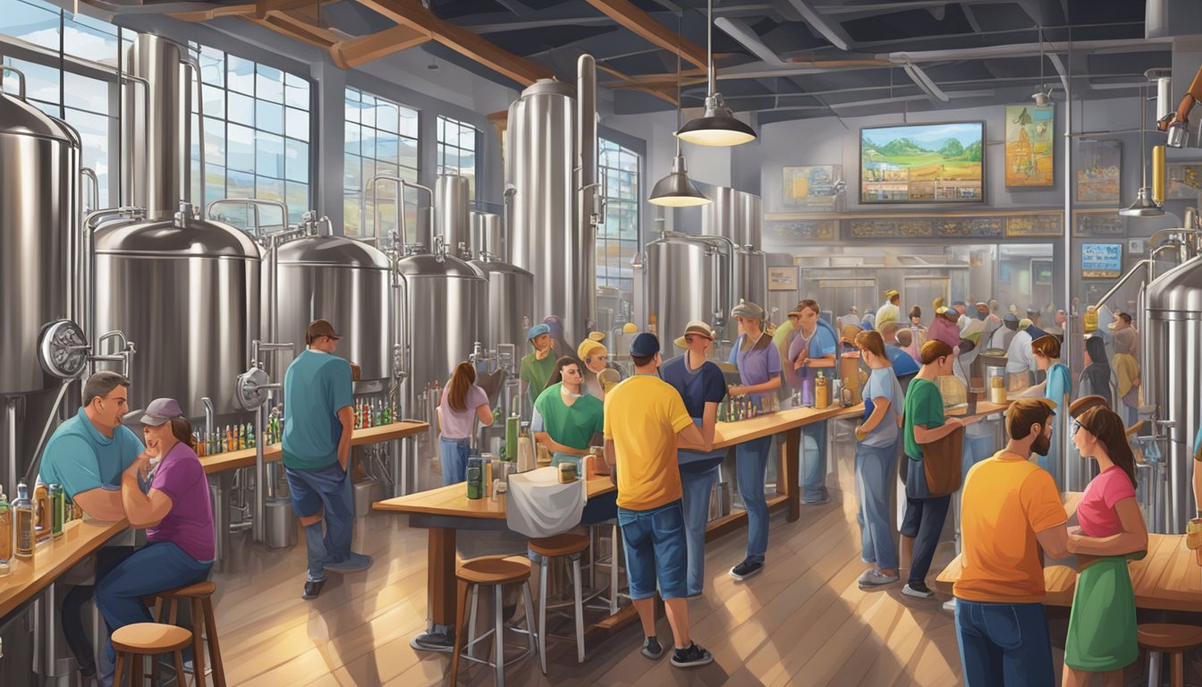 A bustling brewery scene in Miramar, Florida, with colorful tap handles, stainless steel brewing equipment, and patrons enjoying craft beer