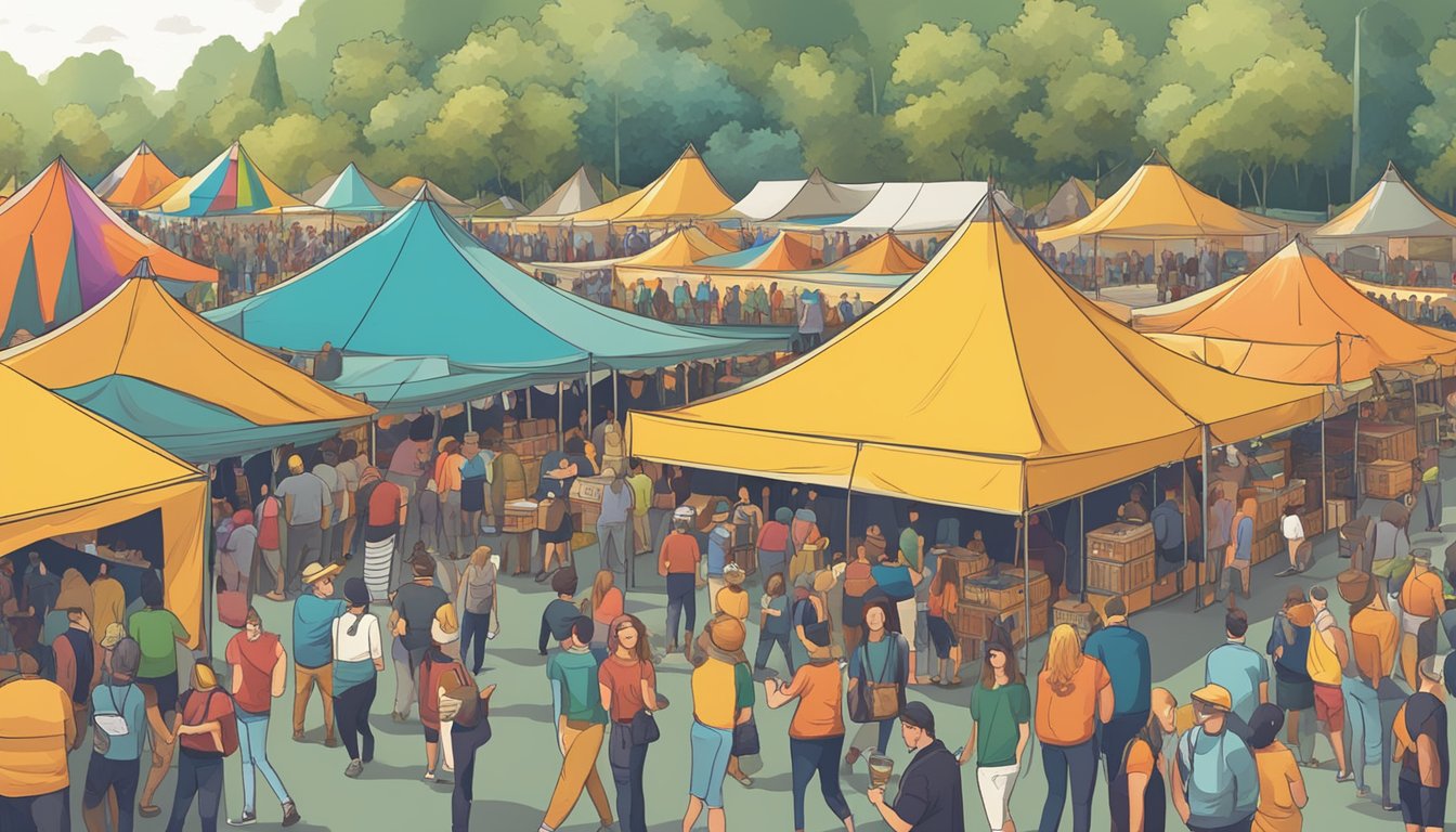 A bustling craft beer festival with rows of colorful tents and a variety of beer styles on display, surrounded by eager patrons sampling and socializing