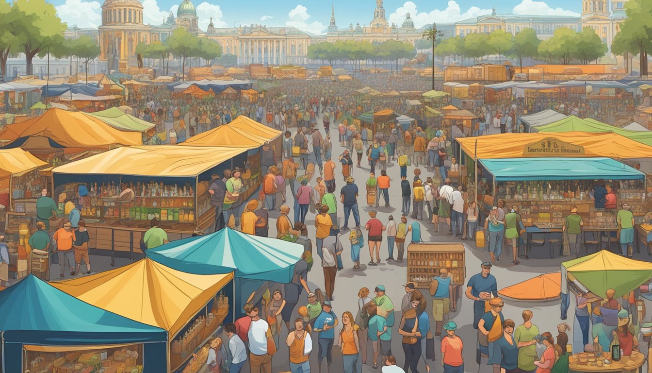 A bustling craft beer festival in St. Petersburg, with rows of colorful vendor booths and lively patrons sampling various brews