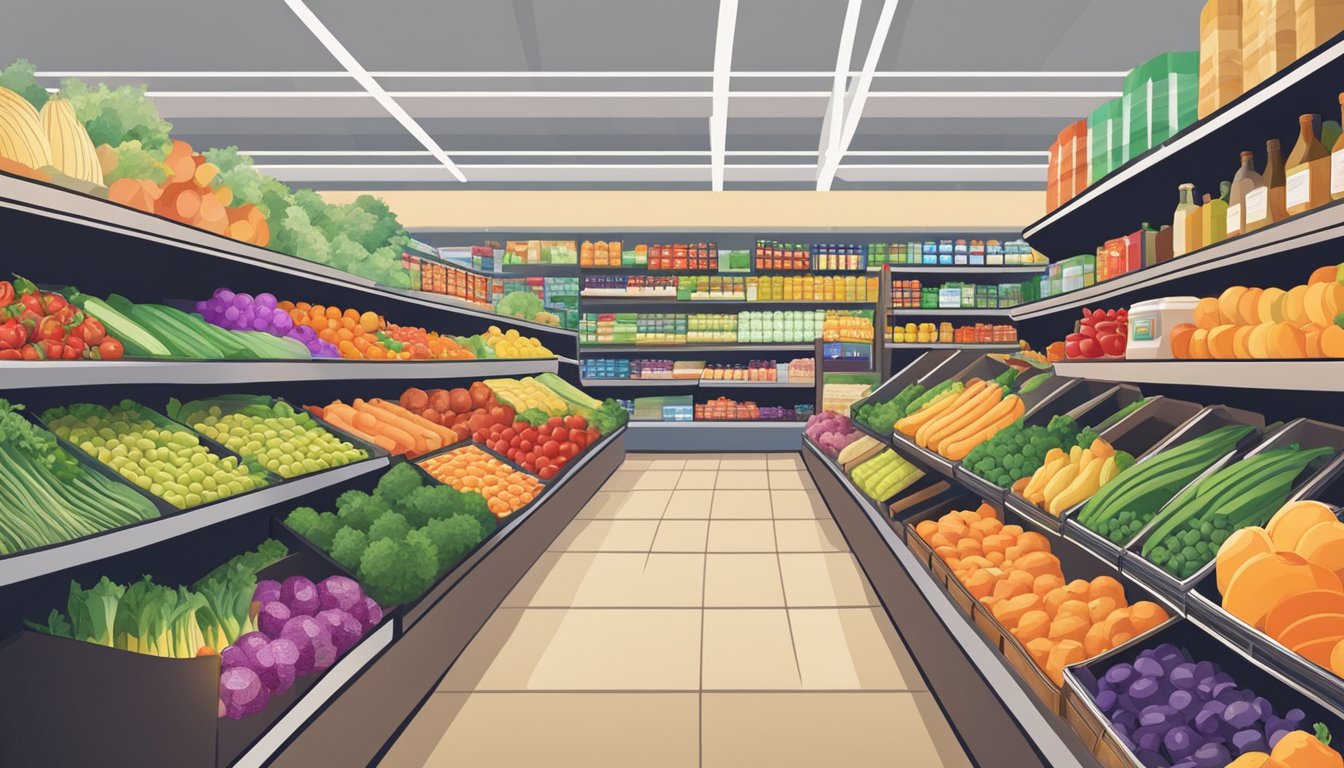 A busy grocery store with colorful aisles filled with fresh produce, packaged goods, and household items. Customers browse and select items for their online orders