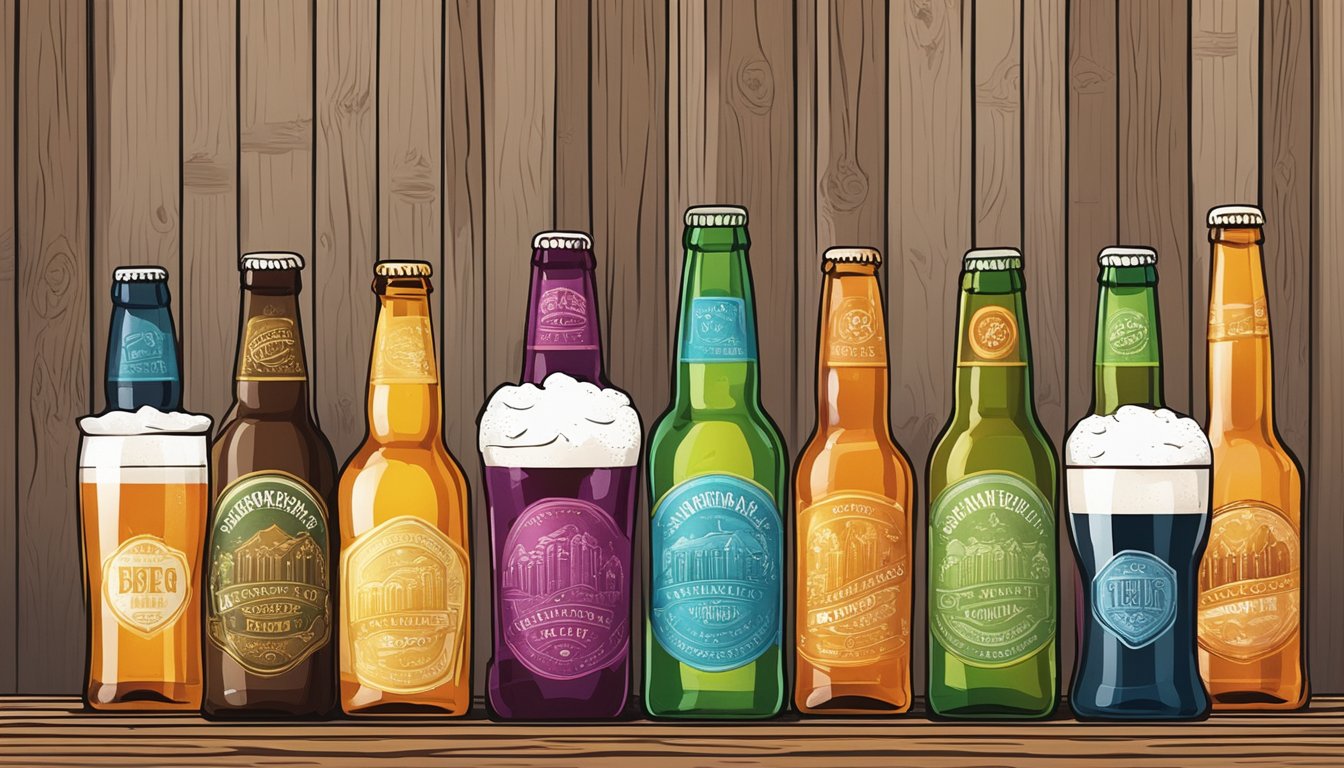 A row of colorful craft beer bottles lined up on a wooden table with a variety of tasting glasses and a rustic backdrop