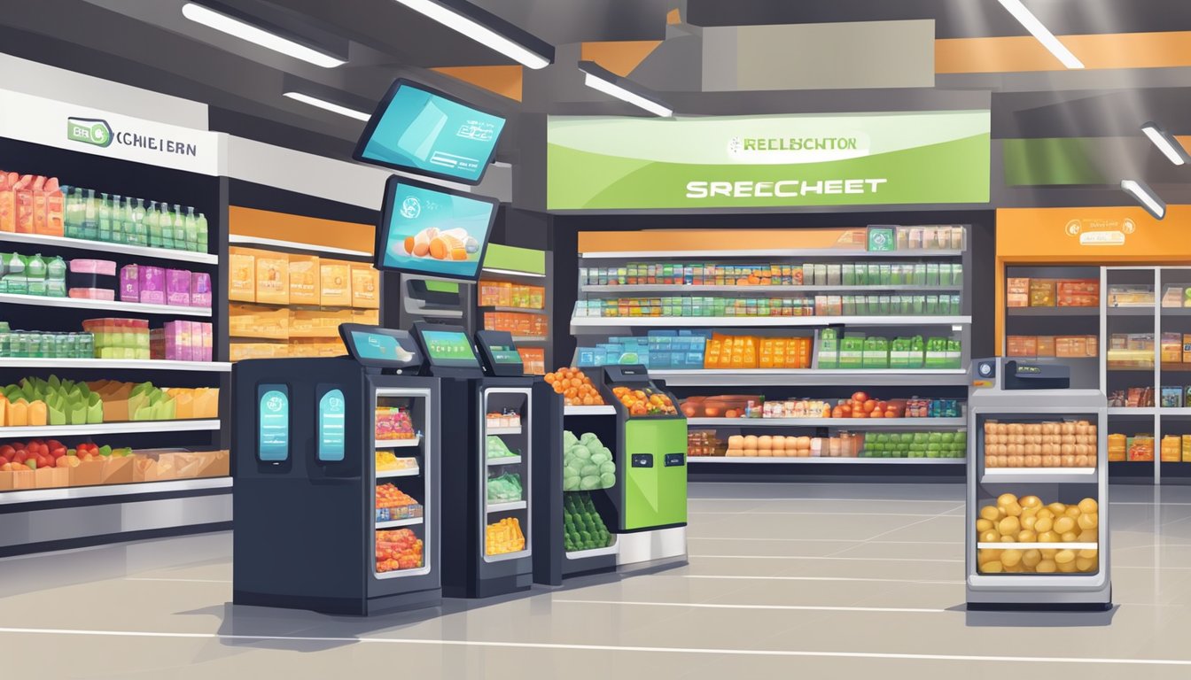 A modern grocery store with self-checkout kiosks, digital price tags, and mobile app for online ordering and delivery