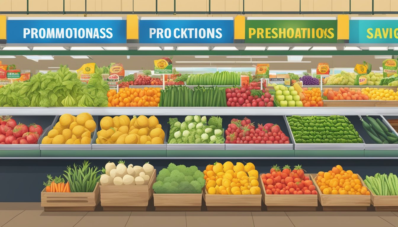 A colorful display of fresh produce and packaged goods with "Promotions and Savings" signs at Cardenas Markets