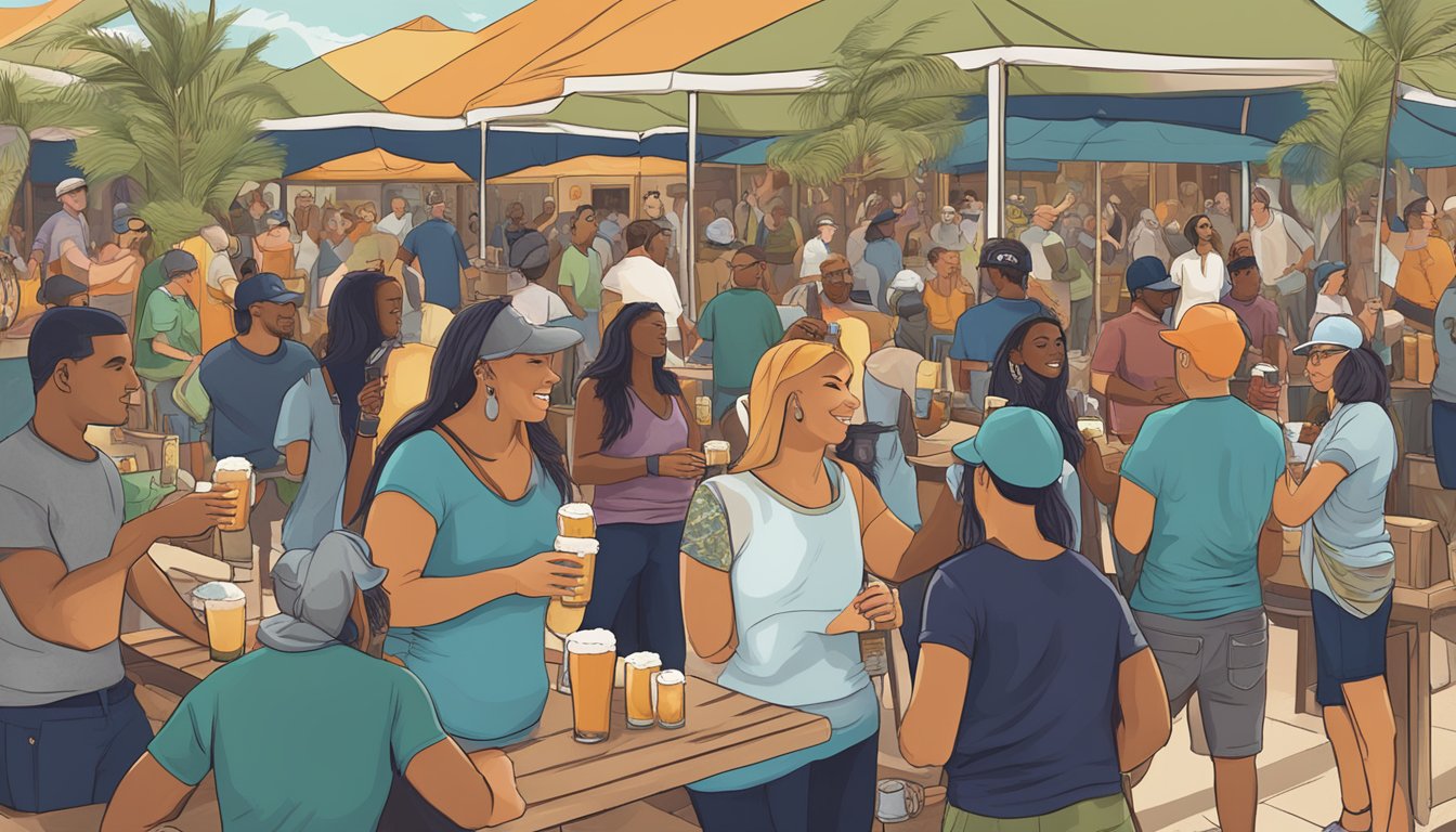 A bustling craft beer event in Miramar, FL with a diverse community enjoying local brews and engaging in lively conversation