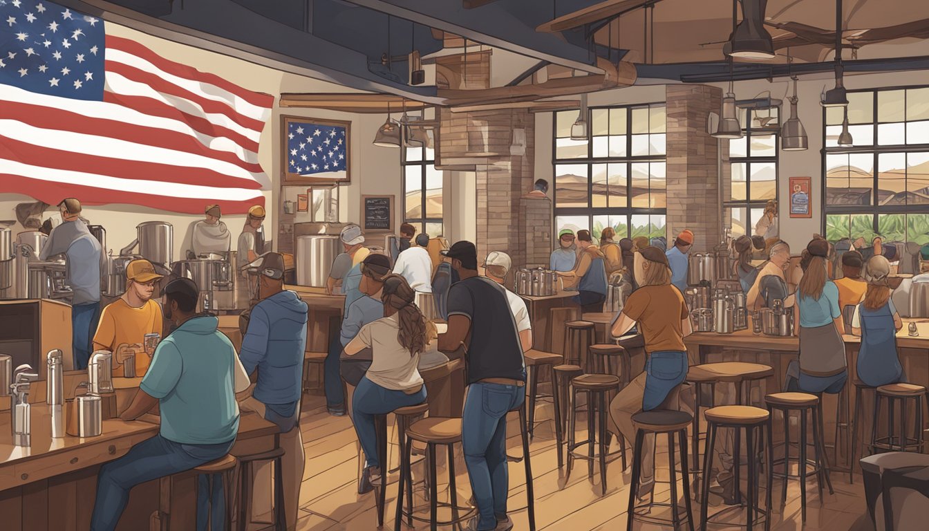 A bustling craft brewery with American flags, beer taps, and patrons enjoying local brews in Miramar, FL