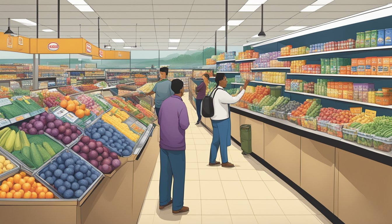 Customers browsing aisles of Cardenas Markets, pointing at products, while employees stock shelves and answer questions at the customer service desk